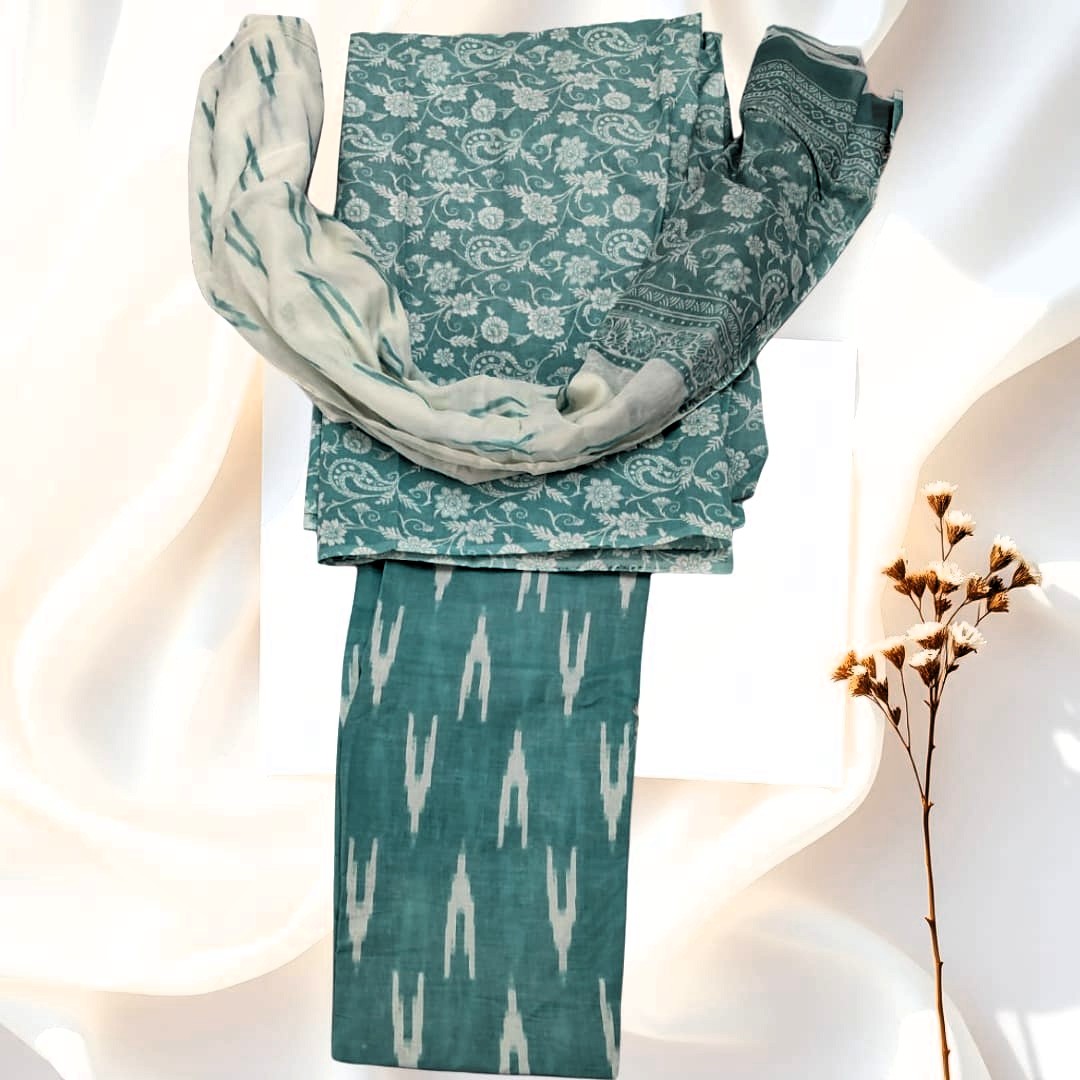 Neerja Sanganeri Ikat Cotton Suit Set – “Woven Whispers in Mint & Motifs”